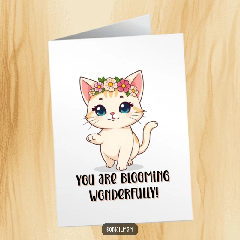 Funny Free Printable congratulations card depicting a bobtail cat in a flower crown, prancing with pure joy and exuberance.