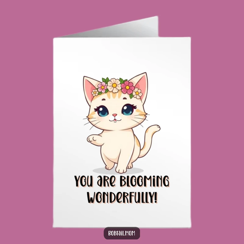 Free Printable Congrats Card: Gaily Prancing Bobtail Cat Flower Crown - DIY Gift