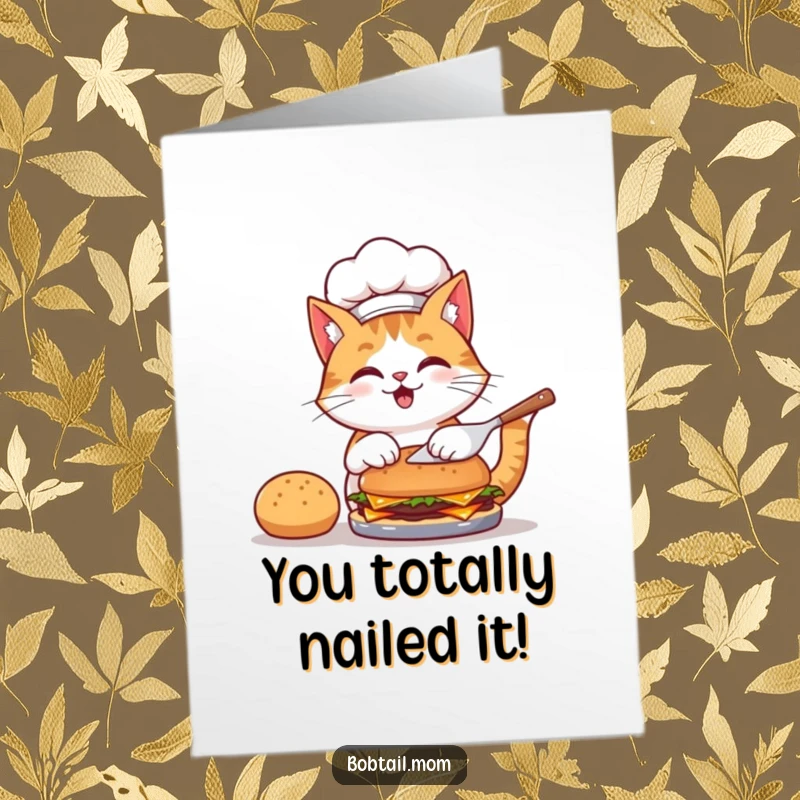 Funny Free Printable congratulations card featuring a bobtail cat chef in a hat, expertly flipping a burger with a joyful expression.