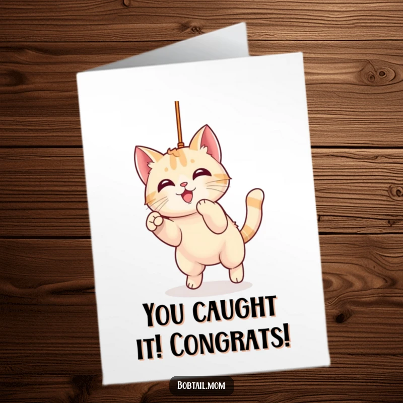 Funny Free Printable Congratulations Card: Kawaii Bobtail Cat joyfully pouncing on a string, celebrating success.