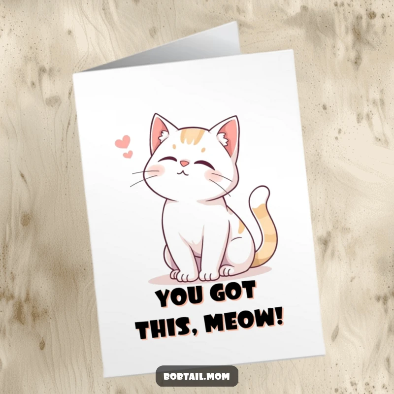 Funny Free Printable Congratulations Card: A Bobtail cat with a soft meow and a gentle tail swish, celebrating.