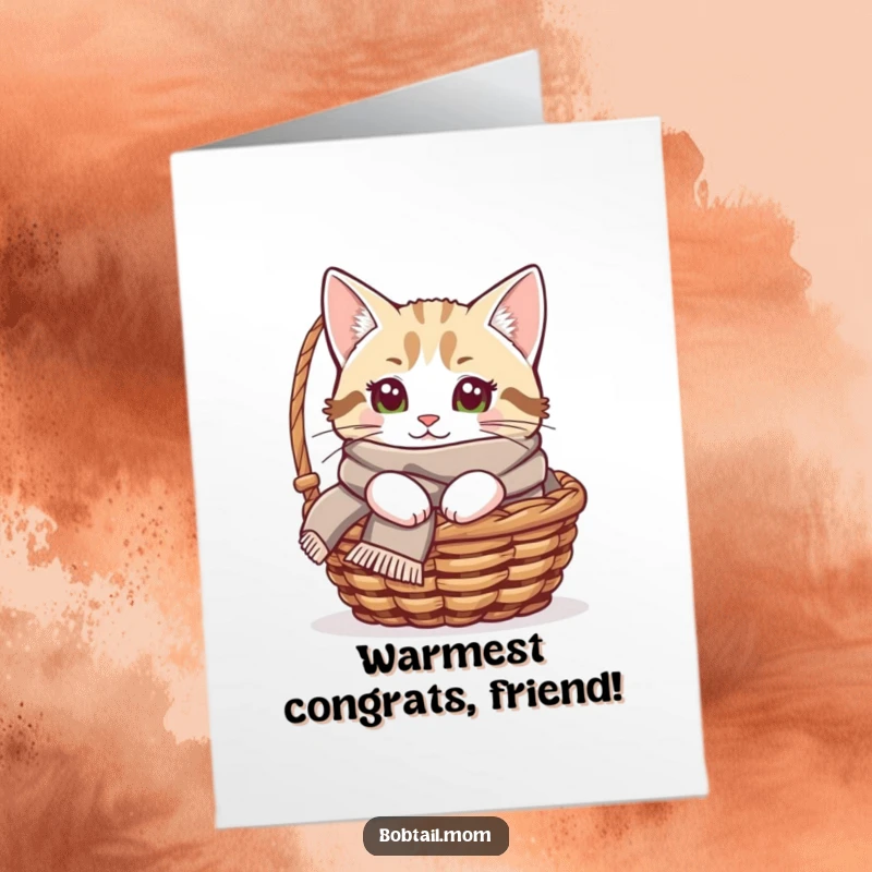 Funny Free Printable Congratulations Card: A Bobtail cat wearing a cozy scarf peeking out from a small basket, looking content.
