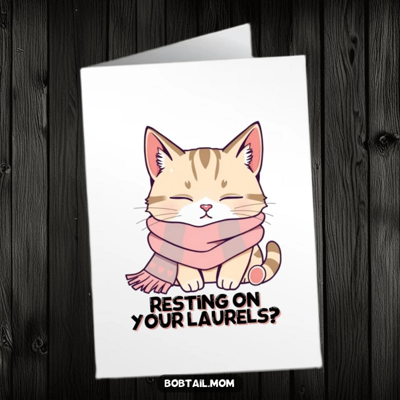 Free Printable Congratulations Card: A bobtail cat wearing a scarf, deeply asleep and looking perfectly content.