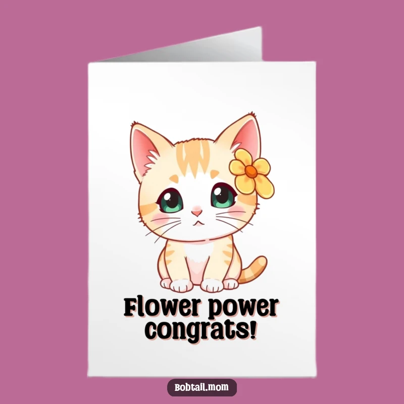Free Printable Floral Bobtail Cat Congrats Card - Cute DIY Downloadable Gift for Celebrations