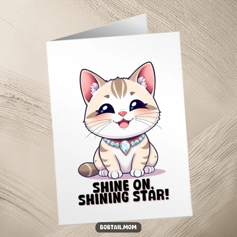 Free Printable congratulations card: A Bobtail cat wearing a sparkling collar, showing a big, happy smile.