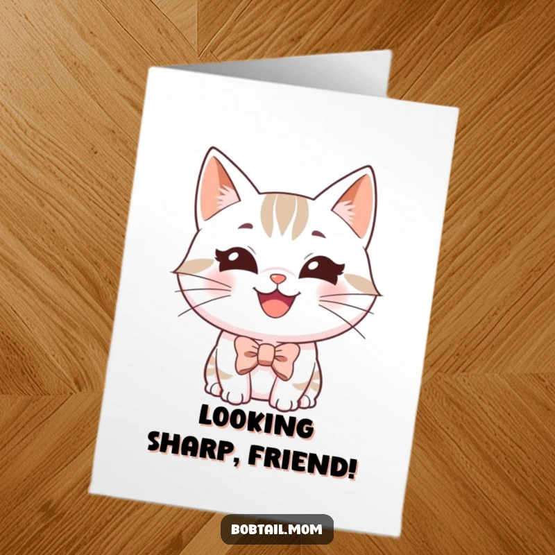 Funny Free Printable Congratulations Card: A smiling Bobtail cat wearing a tiny bowtie, ready to celebrate achievements.