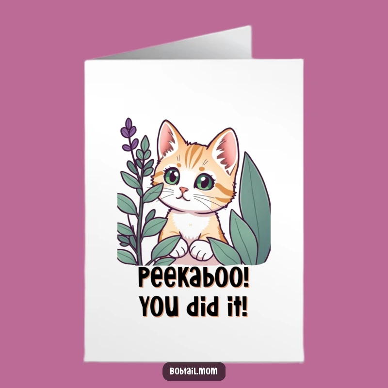 Free Printable Bobtail Cat Congratulations Card: Funny Curious Cat Card for Discoveries