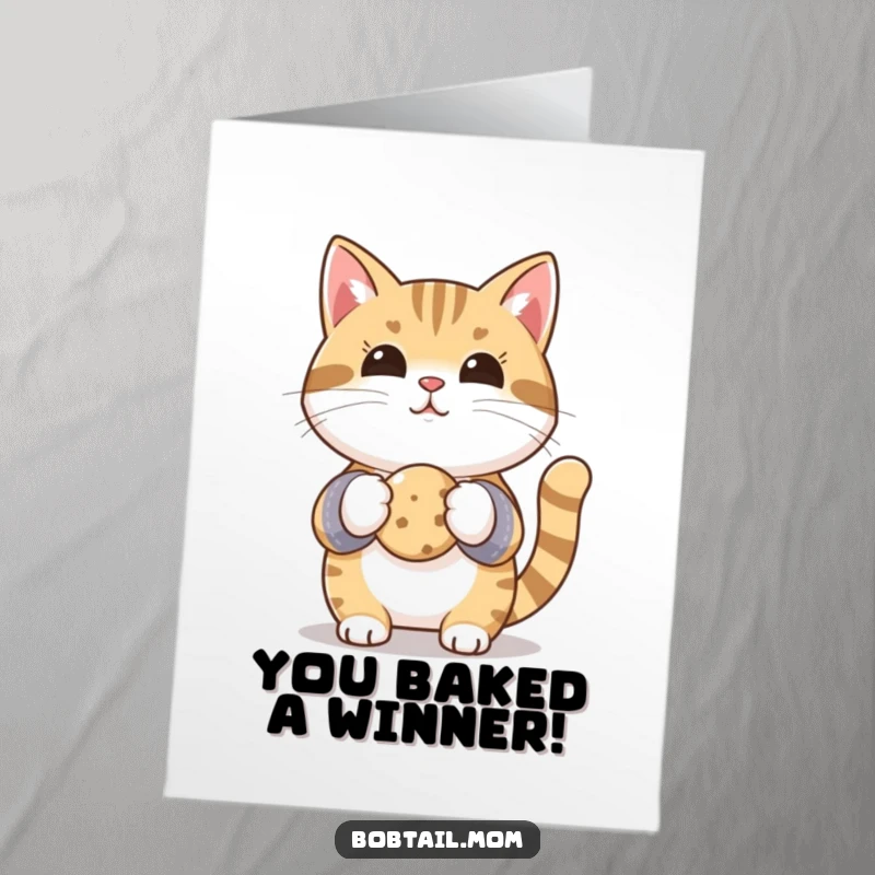 Funny Free Printable Congratulations Card: Bobtail cat in oven mitts holding a cookie, celebrating success with a sweet treat, print at home.