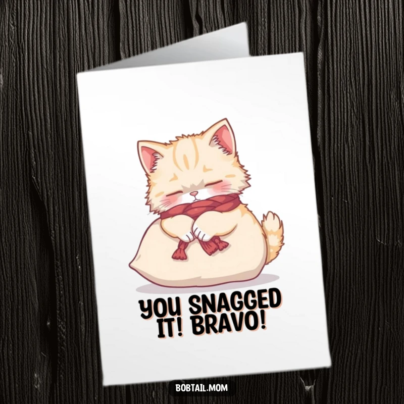 Funny Free Printable Congratulations Card: Fluffy Bobtail cat in yarn scarf kneading cushion, perfect for celebrating success with humor.