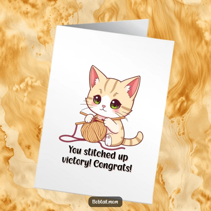 Funny Free Printable Congrats Card: A focused bobtail cat knits, symbolizing the careful creation of success.