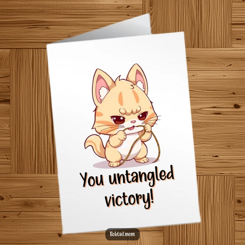 Funny Free Printable Congrats Card: A determined Bobtail cat intensely works to untangle a stubborn string, celebrating victory.