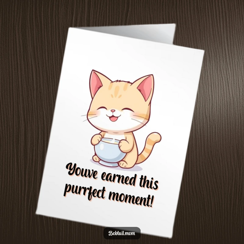 Free Printable Congratulations Card: A bobtail cat with a wide smile balances a small saucer of milk, spreading cheer.