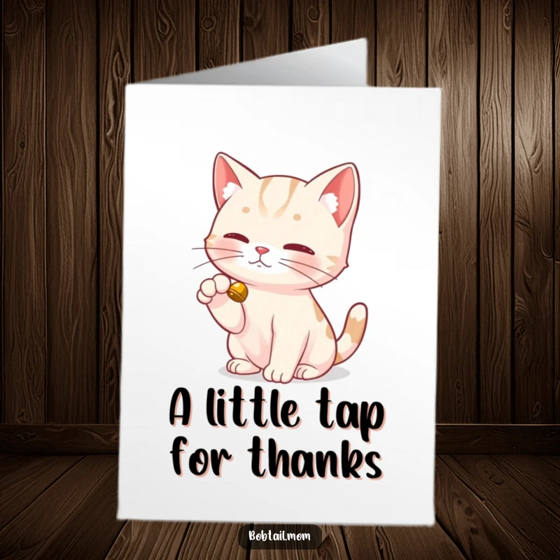 Funny Free Printable Thank You Card: A Bobtail cat with a dainty paw, tapping a small bell to say thank you.