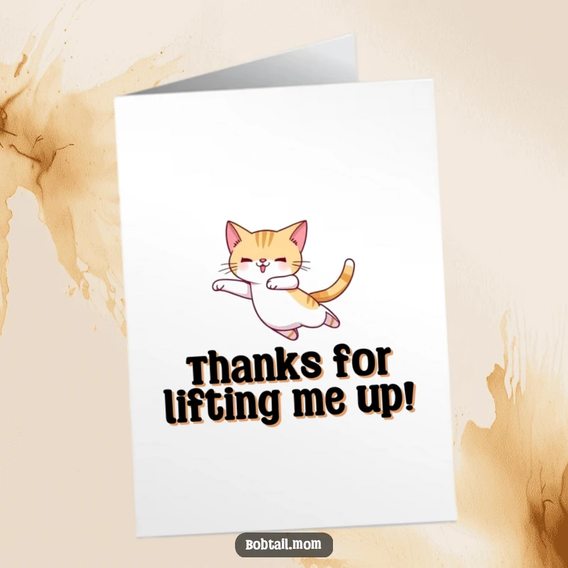 Funny Free Printable Thank You Card: Bobtail cat wearing ballet slippers, mid-leap, conveying thanks with graceful and humorous energy, easy to print.