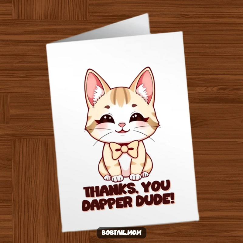Funny Free Printable Thank You Card: A bobtail cat in a bowtie expresses gratitude with a charming smile.