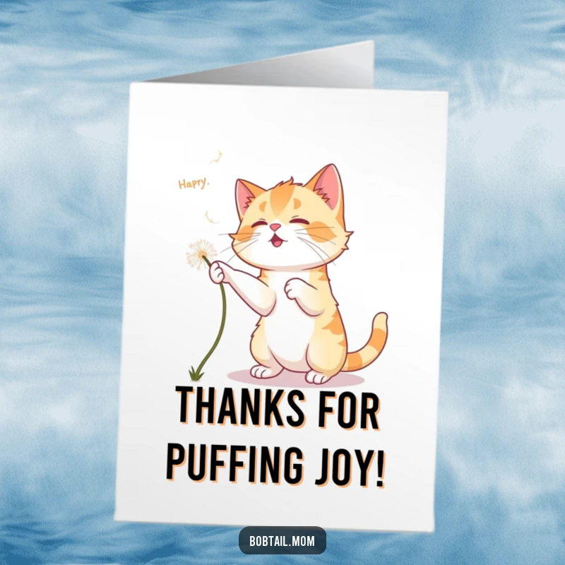 Funny Free Printable Thank You Card: Bobtail cat playfully chases falling dandelion fluff, sending thanks.