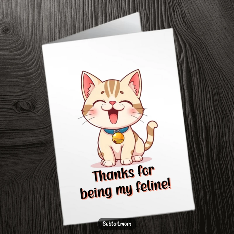 Funny Free Printable Thank You Card: Bobtail cat in bell collar strikes a mischievous pose, sending thanks.