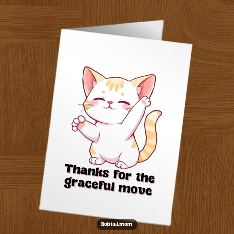 Funny Free Printable Thank You Card: A bobtail cat performs a graceful stretch, symbolizing relaxation and thanks.