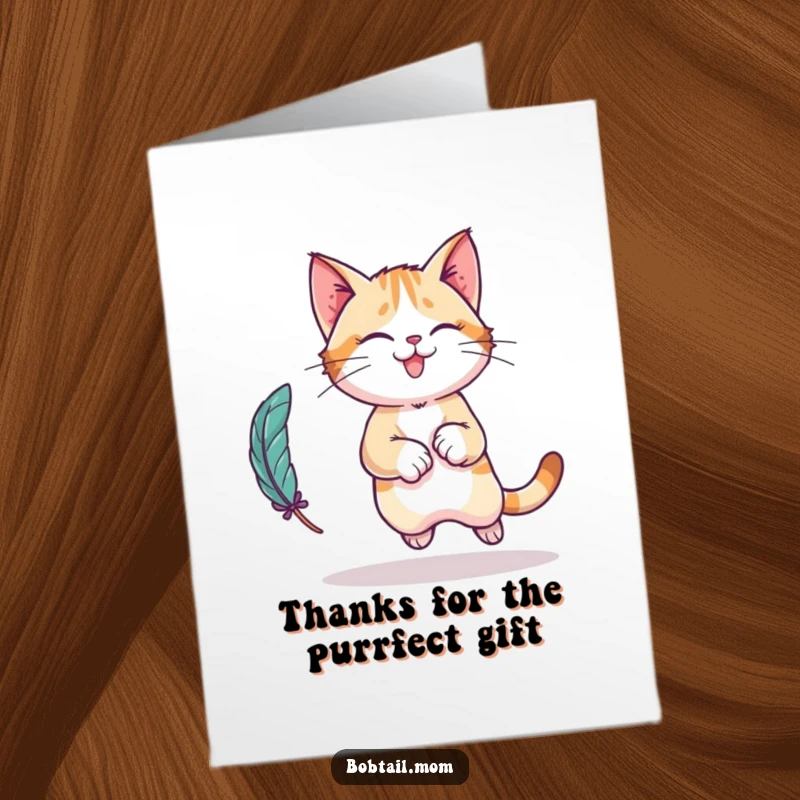Funny Free Printable Thank You Card: A Bobtail cat mid-leap, chasing a feather toy with excitement.