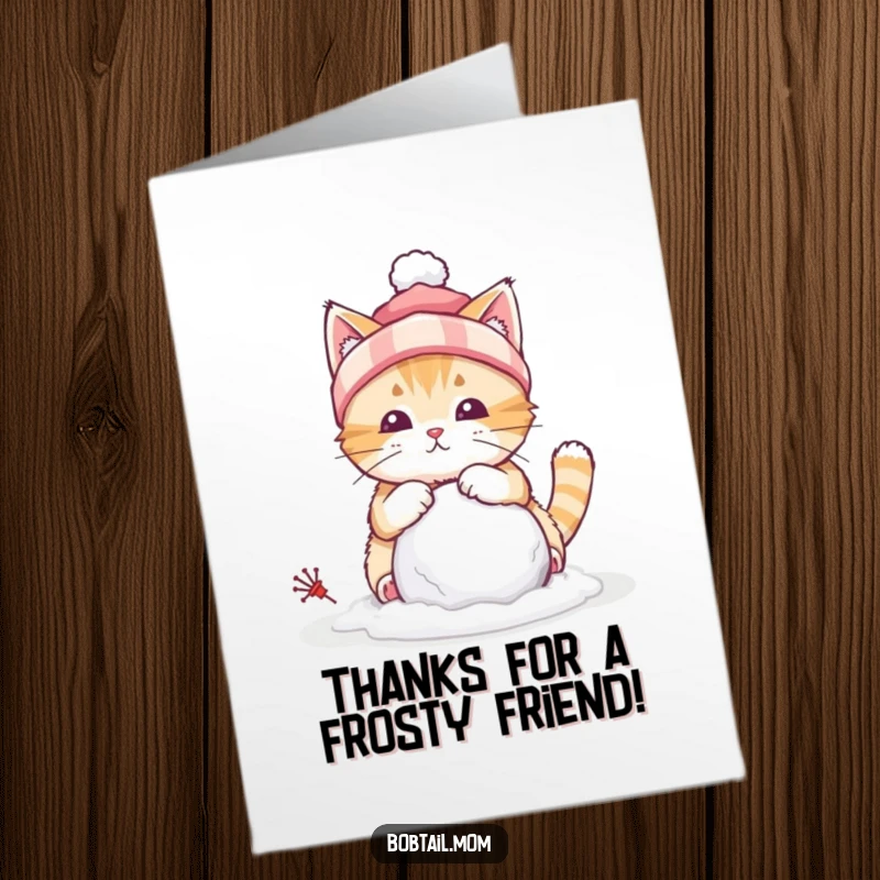 Funny Free Printable thank you card with a bobtail cat in a winter hat, diligently building a tiny snowball.
