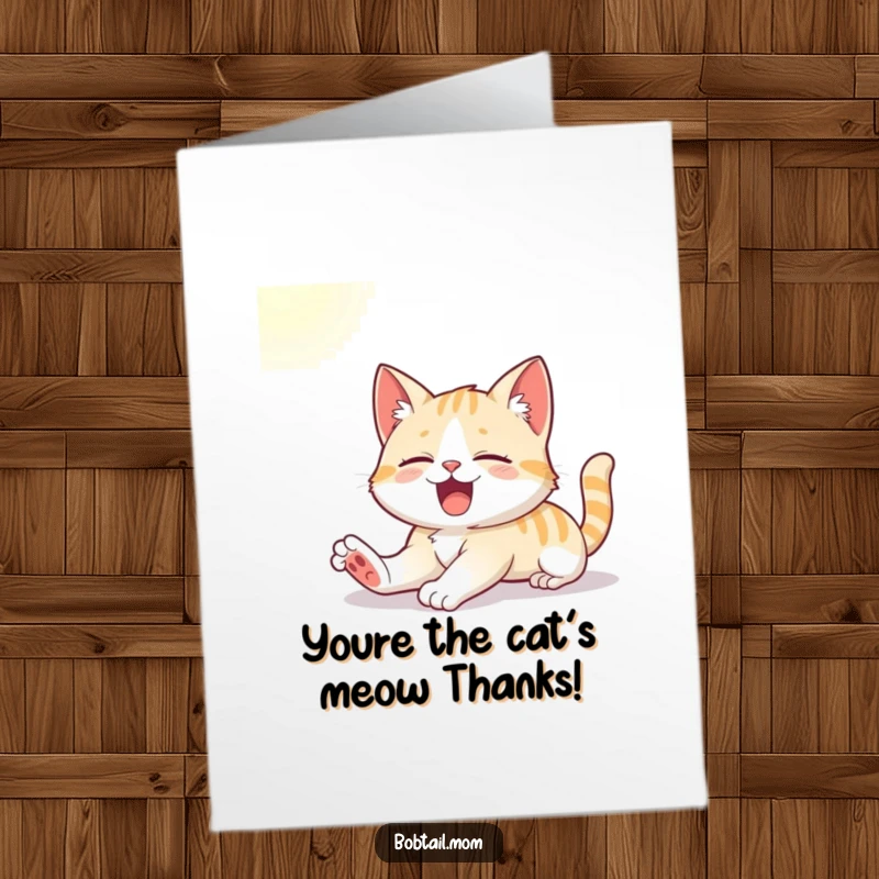 Funny Free Printable Thank You Card: A cute Bobtail cat stretches and yawns happily in a patch of sunlight.