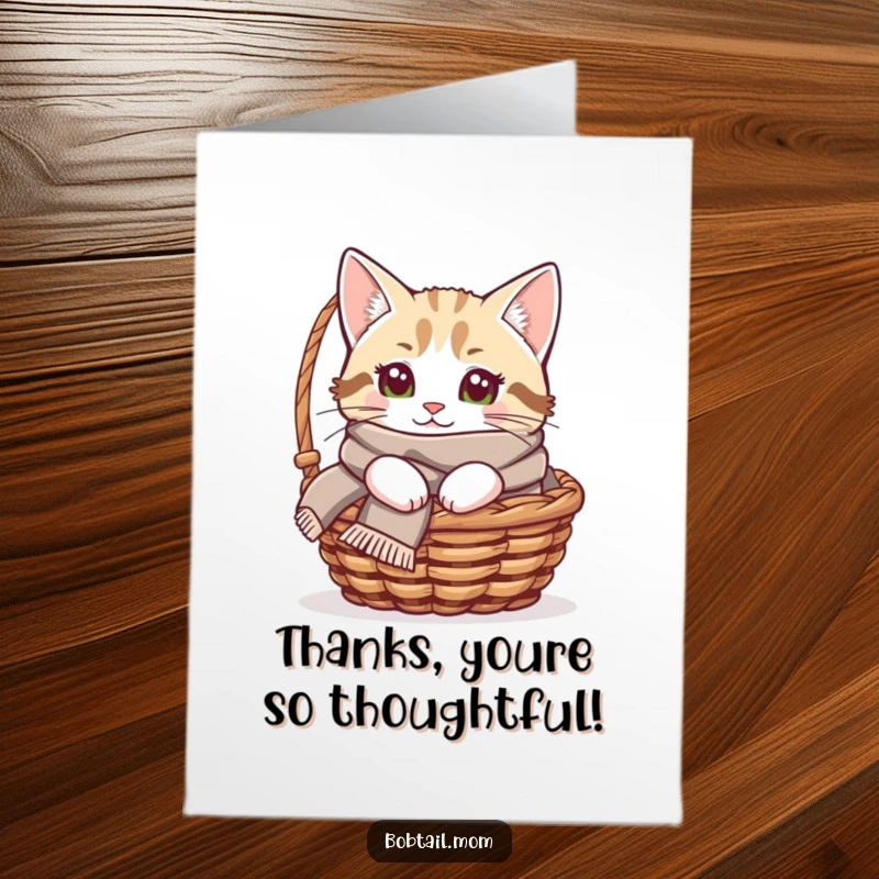 Funny Free Printable Thank You Card: A Bobtail cat with a cozy scarf peeking out from a small basket, radiating comfort.