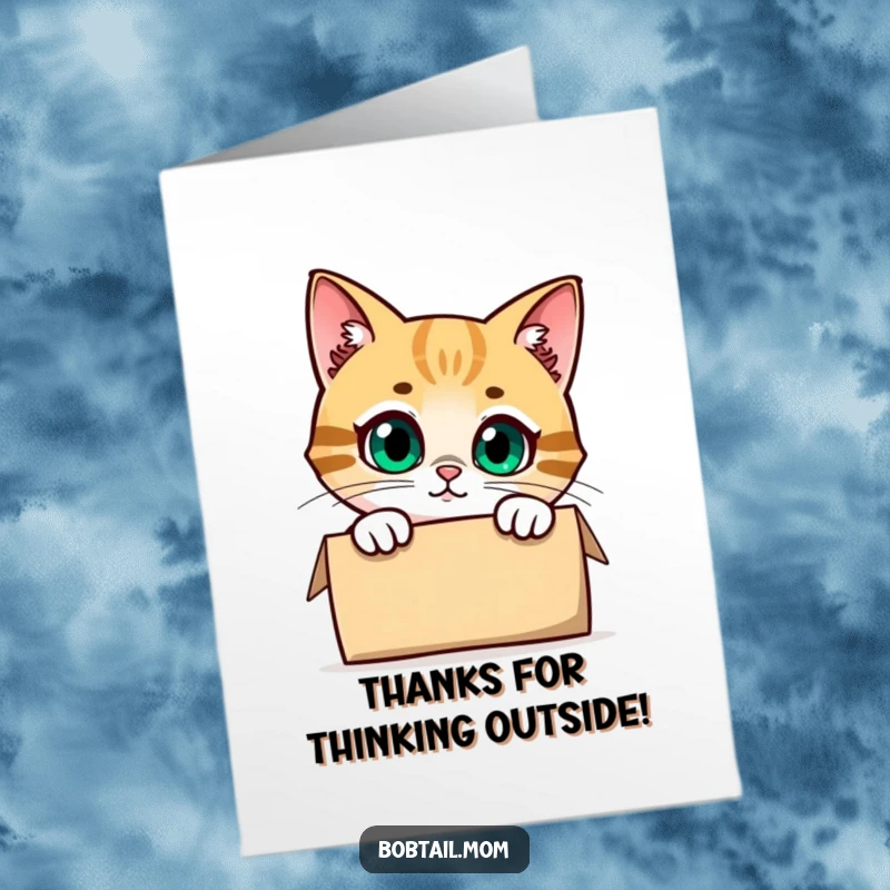 Funny Free Printable Thank You Card: A curious Bobtail cat peeking out of a box, conveying thanks.