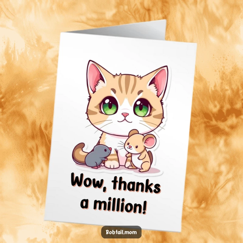 Funny Free Printable Thank You Card: A Bobtail cat with large pupils, captivated by a toy mouse, expressing thanks.
