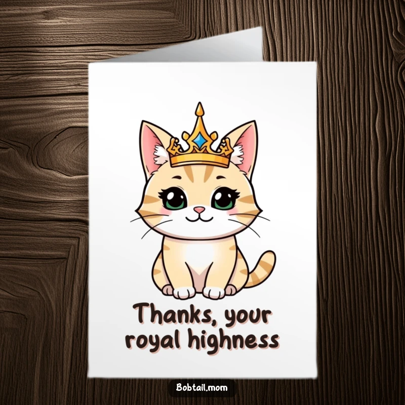 Free Printable Thank You Card: A majestic bobtail cat in a crown, smiling royally, expressing sincere thanks.