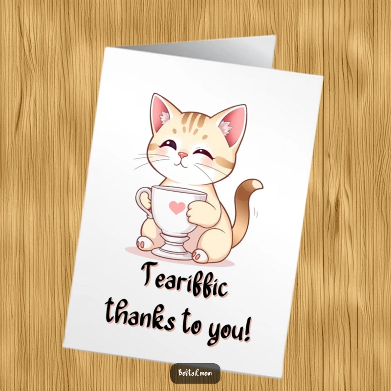 Funny Free Printable Thank You Card: Elegant Bobtail cat holding a miniature teacup, conveying thanks with sophisticated charm, easy to print.