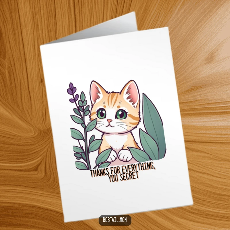 Funny Free Printable Thank You Card: Curious Bobtail cat with wide eyes peeking from behind a plant, a sweet thank you.