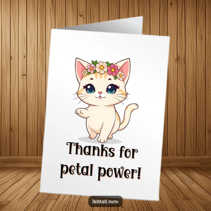 Funny Free Printable thank you card of a bobtail cat wearing a flower crown, prancing with happiness and a thankful spirit.