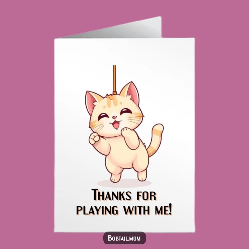 Free Printable Thank You Card: Kawaii Bobtail Cat Pouncing - A Playful Gift of Gratitude!
