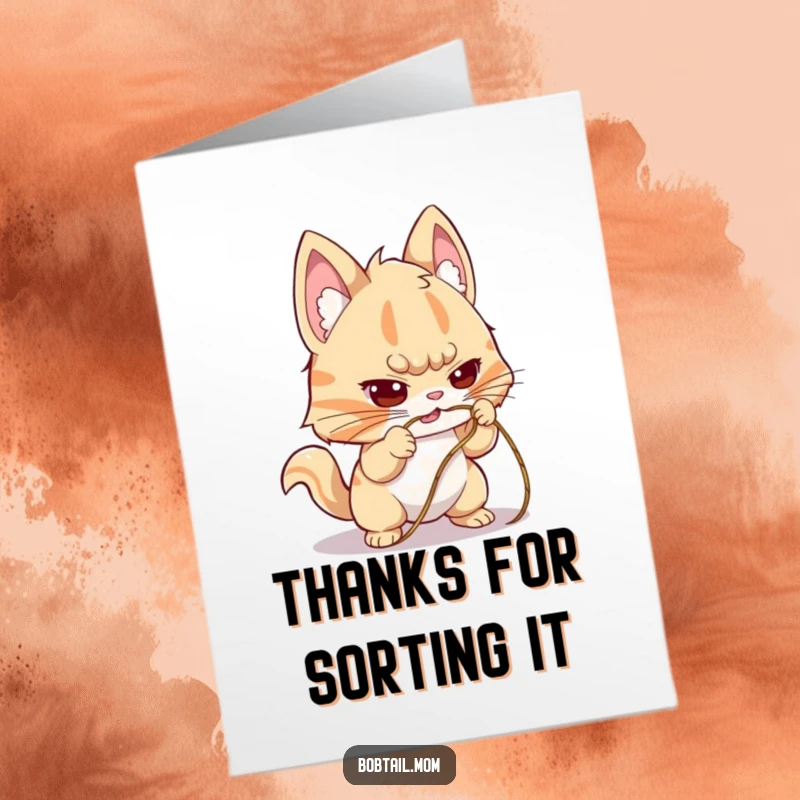 Funny Free Printable Thank You Card: A focused Bobtail cat determinedly tries to untangle a string, a funny gesture of thanks.