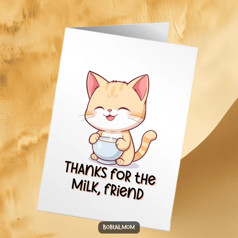 Funny Free Printable Thank You Card: Happy bobtail cat expertly balances milk, a sweet gesture of gratitude.