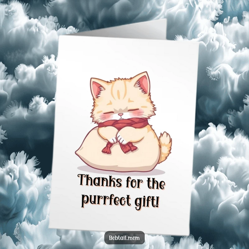 Funny Free Printable Thank You Card: Bobtail cat in yarn scarf kneading cushion, expressing thanks with adorable humor.