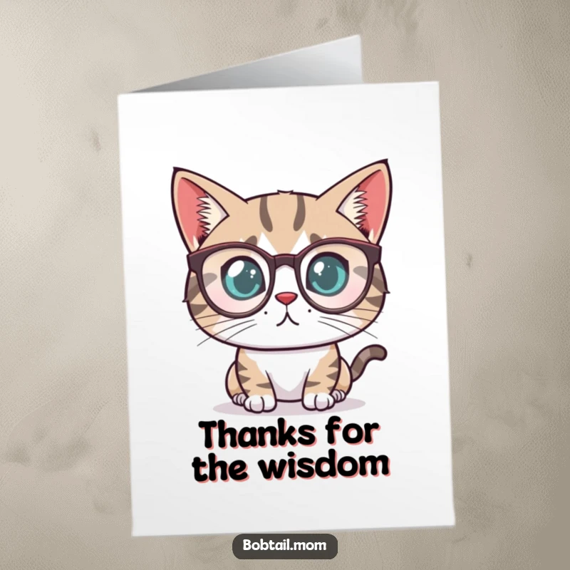Funny Free Printable Thank You Card: Determined Bobtail cat in reading glasses, thoughtfully expressing thanks.