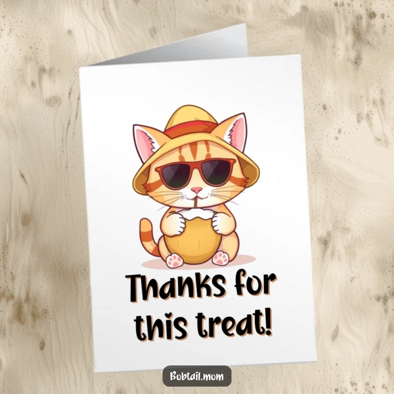 Funny Free Printable thank you card with a bobtail cat wearing a sun hat, drinking from a coconut.
