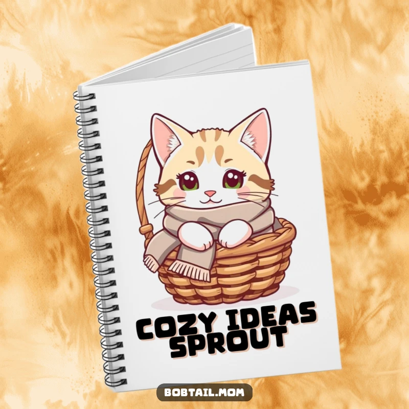 Funny Bobtail cat notebook featuring a cat with a cozy scarf peeking from a basket, great for jotting down warm thoughts.