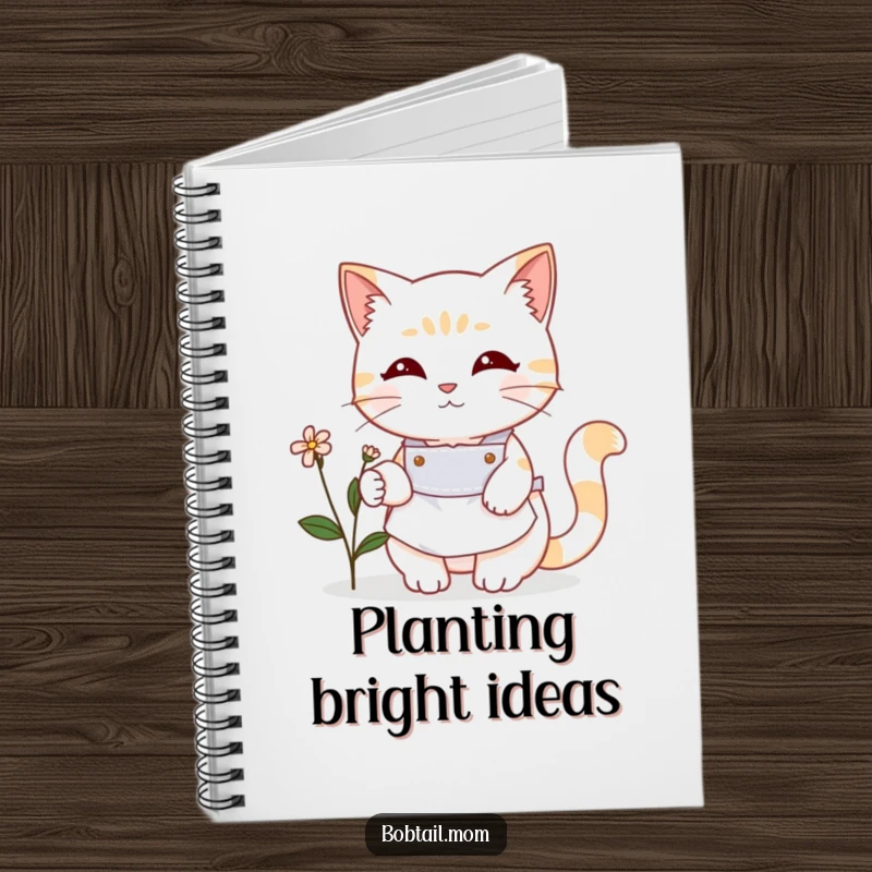Funny Bobtail cat in a cute apron tending a small flower. A humorous notebook for gardeners, perfect gift.