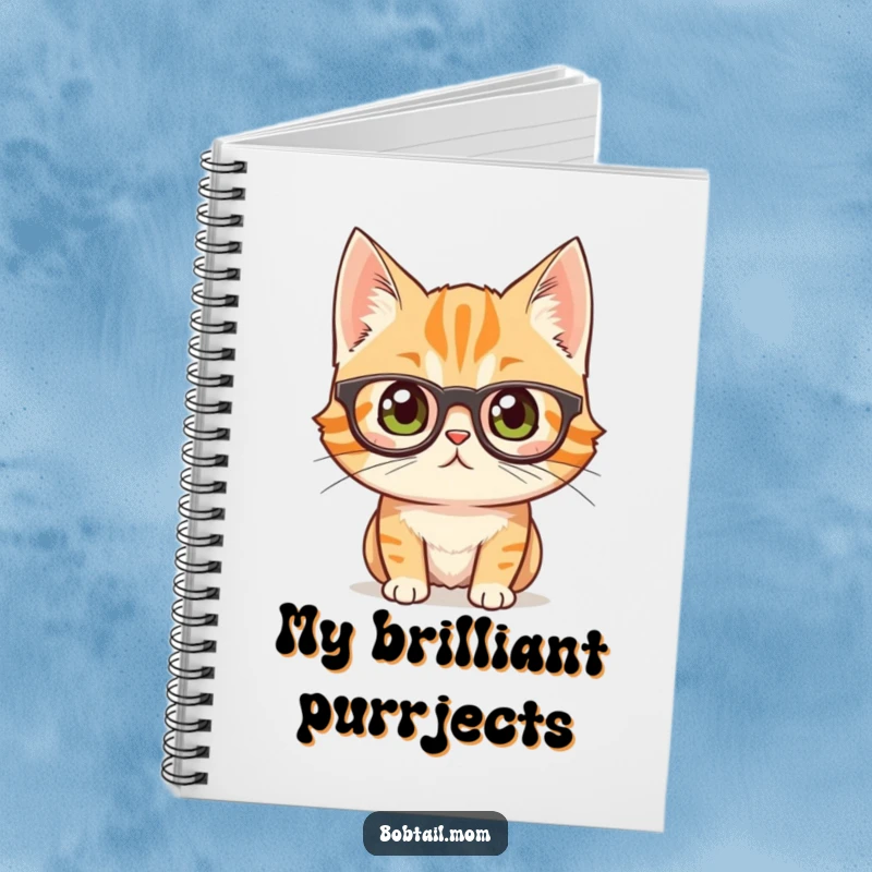 Funny bobtail cat wearing glasses, looking curious and thoughtful, on the cover of a notebook.