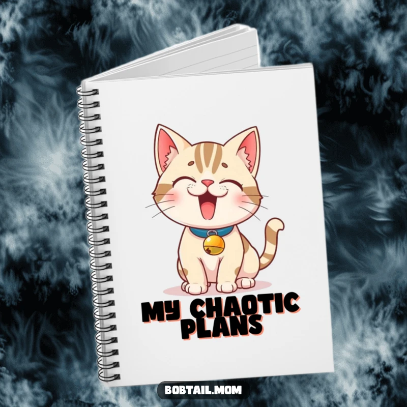 Funny Bobtail Cat Notebook: A mischievous Bobtail cat with a bell collar strikes a pose, inspiring funny notes and cat-themed journaling.