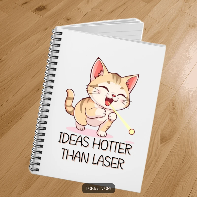 Funny Bobtail cat notebook cover showing a delighted cat intensely chasing a tiny laser pointer dot, perfect for jotting down funny thoughts.