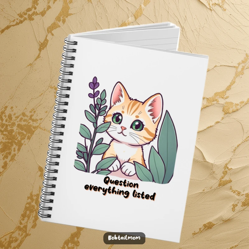 Funny Bobtail cat with wide eyes peeking from behind a plant, on the cover of a notebook.