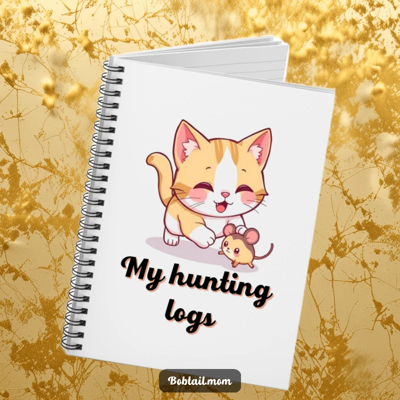 Funny Bobtail cat notebook featuring a jolly cat playfully pouncing on a toy mouse, ideal for jotting down notes with playful flair.