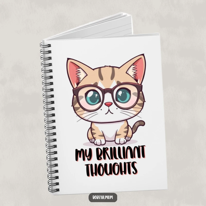 Funny Bobtail cat with a determined look wearing tiny reading glasses, presented as a notebook for jotting ideas.