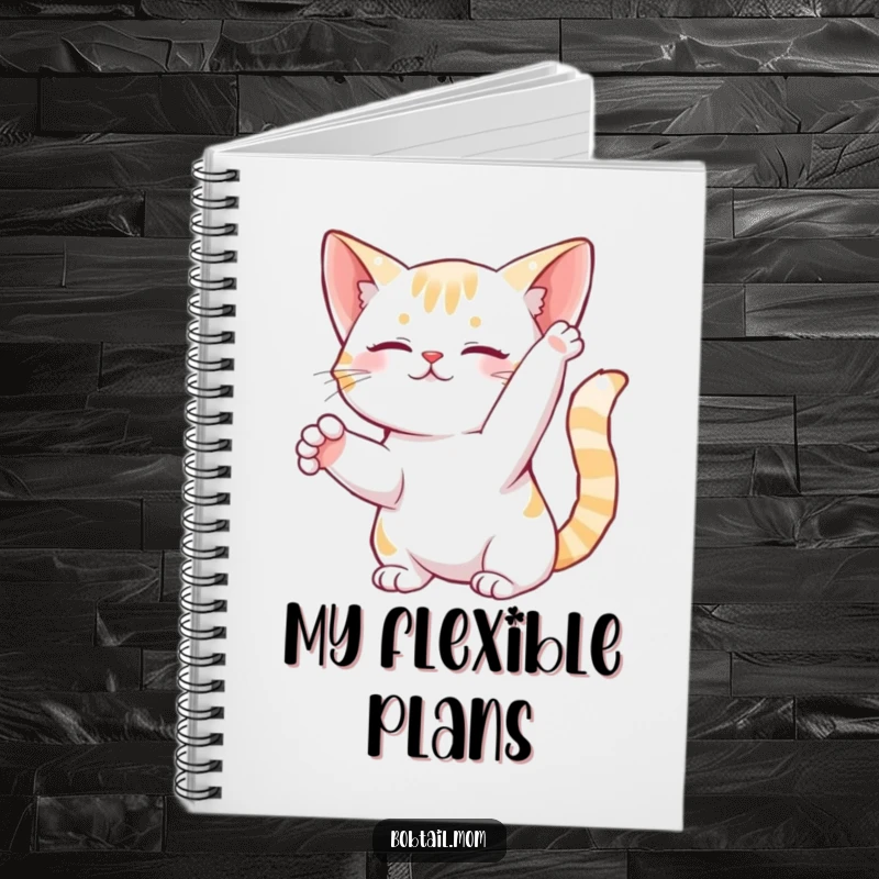 Funny Bobtail Cat Notebook depicting a graceful feline mid-stretch, perfect for jotting down inspired, humorous thoughts.