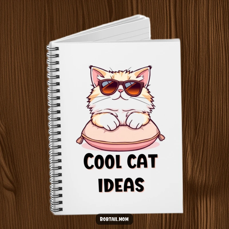 Funny Bobtail cat notebook featuring a fluffy cat in oversized sunglasses lounging on a cushion, great for cool notes.