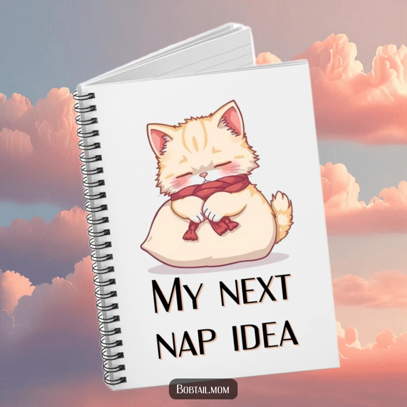 Funny Bobtail cat wearing a yarn scarf, kneading a cushion, on the cover of a notebook.