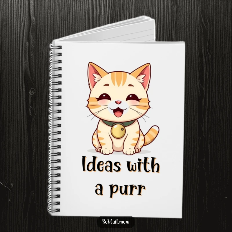 Funny Bobtail cat wearing a bell collar, purring loudly, on the cover of a notebook.